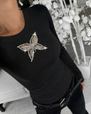 Rhinestone Decor Butterfly Hollow out Long Sleeve Top Slim Fit Ribbed Layering Top
