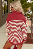 Red Stripe Buttoned V Neck Collared Drop Shoulder Top