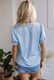 Sky Blue Floral Embroidered Puff Sleeve Notched V Neck Blouse