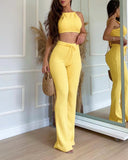 2 Pieces Outfit Striped Print Halter Tied Detail Sleeveless Knit Top and Casual Slim Fit Pants Set