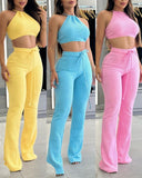 2 Pieces Outfit Striped Print Halter Tied Detail Sleeveless Knit Top and Casual Slim Fit Pants Set