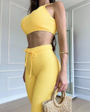 2 Pieces Outfit Striped Print Halter Tied Detail Sleeveless Knit Top and Casual Slim Fit Pants Set