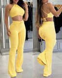 2 Pieces Outfit Striped Print Halter Tied Detail Sleeveless Knit Top and Casual Slim Fit Pants Set