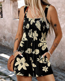 Floral Print Square Neck Ruched Romper Casual Sleeveless Wide Leg Short Jumpsuit