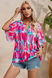 Rose Abstract Brushwork Print Buttoned V Neck Blouse