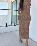 Off Shoulder Long Sleeve Hollow Out Knit Dress Casual Slim Fit Midi Sweater Dress