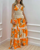 Floral Print Contrast Lace Split Hem Maxi Dress