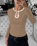 Rhinestone Decor Keyhole Neck Hollow Water Drop Ribbed Top Long Sleeve Slim Fit Layering Top