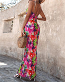 Abstract All Over Print Pleated Design Spaghetti Strap Maxi Dress