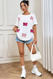 White Sequined Bow Patched Short Sleeve Top