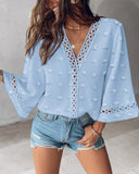 Large Swiss Dot Lace Hollow out V neck Flare Sleeve Casual Blouse Top