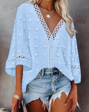 Large Swiss Dot Lace Hollow out V neck Flare Sleeve Casual Blouse Top