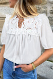 White Embroidered Lace Patchwork Tie Neck Puff Short Sleeve Blouse