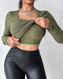 U Neck Built in Bra Long Sleeve Ribbed Top