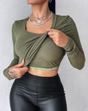 U Neck Built in Bra Long Sleeve Ribbed Top