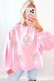 Light Pink Embroidered Bow Lantern Sleeve Oversized Pullover Sweatshirt