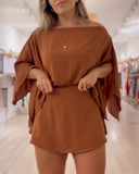 3 Pieces Off Shoulder Multi Ways Split Sleeve Casual Shorts Set (Without Belt)