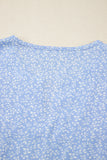 Sky Blue Floral Embroidered Puff Sleeve Notched V Neck Blouse