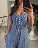 Striped Print V Neck Button Front Dress Casual A Line Spaghetti Strap Dress