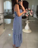 Striped Print V Neck Button Front Dress Casual A Line Spaghetti Strap Dress