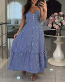 Striped Print V Neck Button Front Dress Casual A Line Spaghetti Strap Dress
