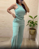 O neck Sleeveless Ribbed Top & Pocket Design Pants Set