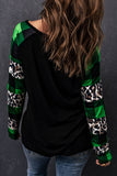 Green Leopard Plaid Patchwork Long Sleeve Rhinestone Lucky Clover Graphic Top