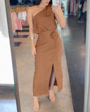 2 Pieces Outfit Asymmetrical Neck Sleeveless Elastic Waist Top and 3D Print Design High Waist Slit Dress