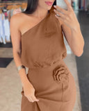 2 Pieces Outfit Asymmetrical Neck Sleeveless Elastic Waist Top and 3D Print Design High Waist Slit Dress