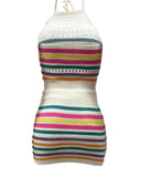 Rainbow Stripe Print Crochet Knit Halter Tank & Skirt Set