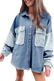 Blue Color Block Frayed Patchwork Oversize Denim Jacket