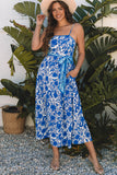 Blue Floral Printed Spaghetti Strap Maxi Dress with Waist Tie