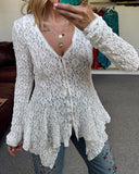 Lace V Neck Pearl Button Decor Blouse Elegant Asymmetrical Ruffles Cardigan Top