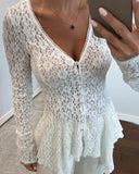 Lace V Neck Pearl Button Decor Blouse Elegant Asymmetrical Ruffles Cardigan Top