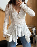 Lace V Neck Pearl Button Decor Blouse Elegant Asymmetrical Ruffles Cardigan Top