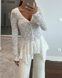Lace V Neck Pearl Button Decor Blouse Elegant Asymmetrical Ruffles Cardigan Top