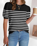 Striped Print Round Neck Puff Sleeve Sweater  Caual Loose Fit Work Top