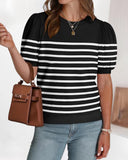 Striped Print Round Neck Puff Sleeve Sweater  Caual Loose Fit Work Top