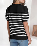 Striped Print Round Neck Puff Sleeve Sweater  Caual Loose Fit Work Top