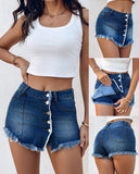 Button Front Pocket Design Denim Skirt Casual Asymmetrical Tassel Decor Split Skirt