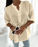 Roll Up Sleeve Hollow Out Shirt Button Front Casual Blouse Top