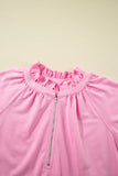 Pink Half Zip Puff Sleeve Top and Ruffled Shorts Set