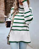 Striped High Neck Side Slit Knit Sweater