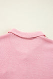 Pink Ribbed Knit Collared Henley Top with Chest Pocket