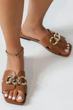 Chestnut Metal Chain Decor Square Toe Faux Leather Slippers