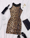 Contrast Sequin Leopard Pattern Sleeveless Bodycon Dress Slim Fit Casual Mini Dress