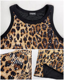 Contrast Sequin Leopard Pattern Sleeveless Bodycon Dress Slim Fit Casual Mini Dress