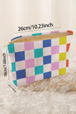Pink Color Block Checkered Zipper Corduroy Cosmetic Bag