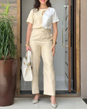 2 Pieces Outfit Colorblock Asymmetrical Neck Hollow out Front And Back Top and Metal Button Decor High Waist Wide Leg Pants Set