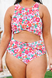 Rose Plus Size Floral Print Twisted High Waist Bikini Set